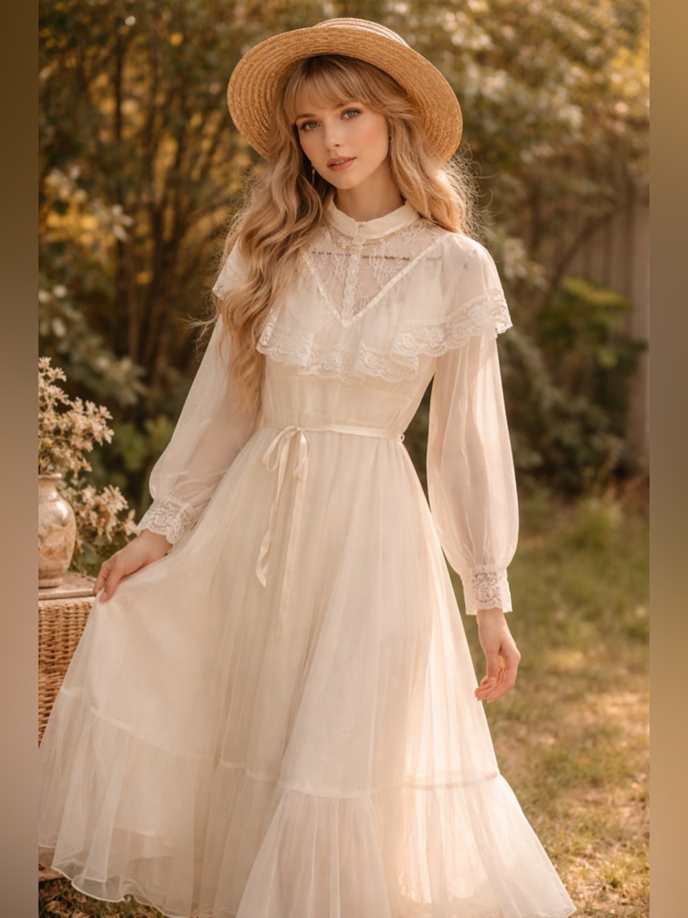 Vintage 70s Prairie Lace Maxi Dress | Cottagecore Boho S/M